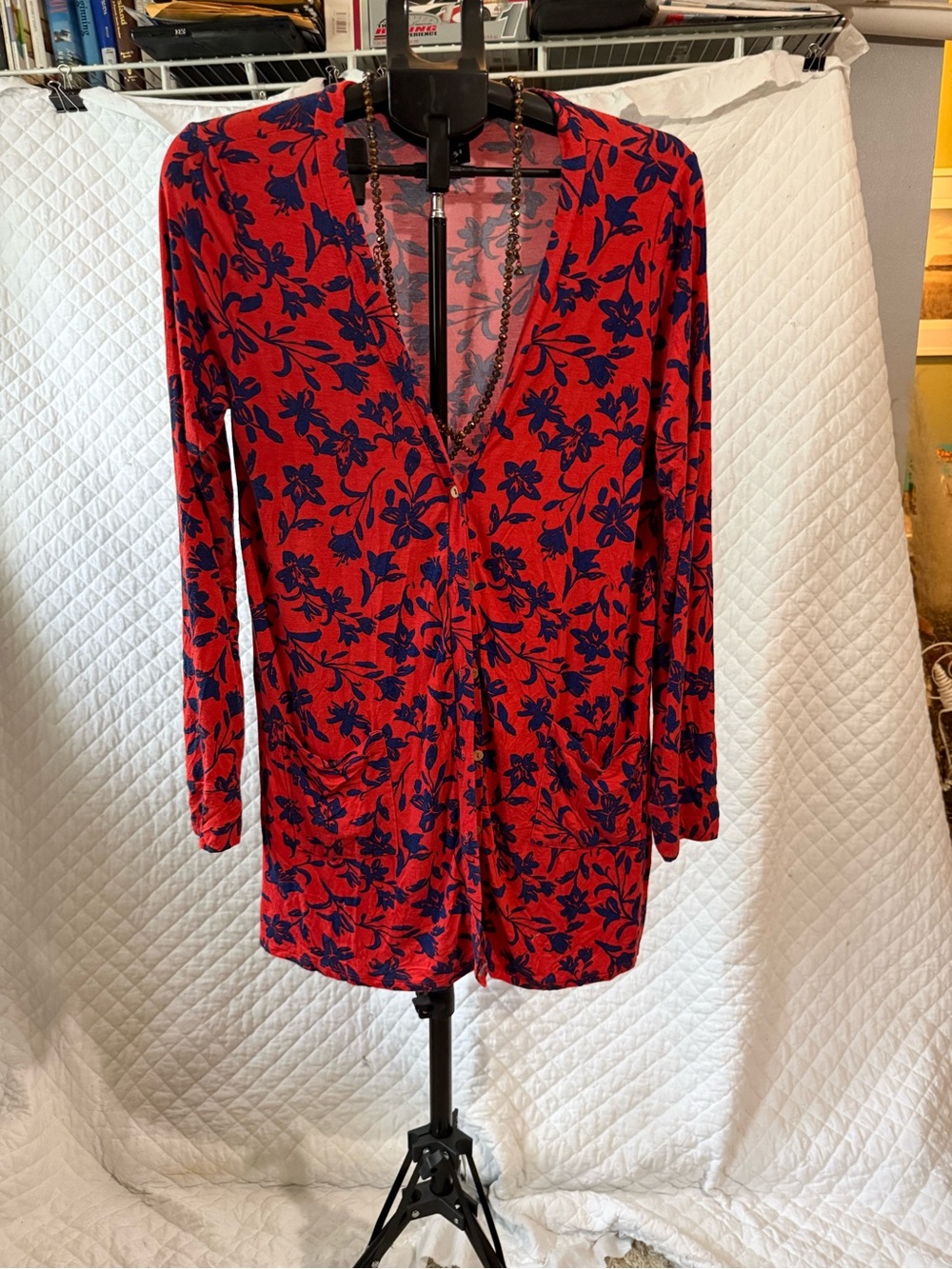 Agnes & Dora Vibrant Red Floral Long-Sleeve Lounge Cardigan with Navy Print